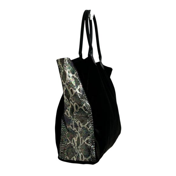 Momo Anthropologie Dark Green Velour Metallic Snakeskin Double Handle Tote Bag - Picture 2 of 7